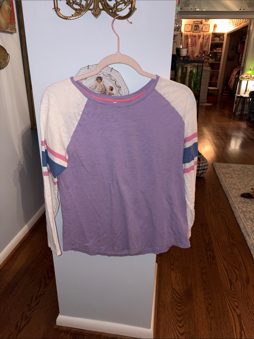 Boden Lavender Raglan Baseball Tee with Pink and Blue Stripe Sleeves